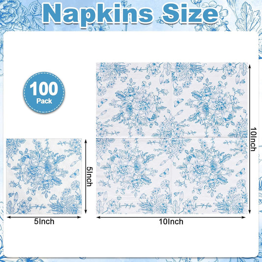 100 Pcs Blue Floral Napkins, Blue and White Decoupage Napkins Vintage Flower Butterfly Design Toile Napkin Cute Decorative Coastal Napkin for Wedding, Bridal Baby Shower,Tea Party, 5 x 5 Inch
