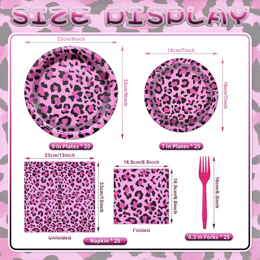 100 Pcs Pink Leopard Print Party Tableware Set – Disposable Animal Print Plates, Napkins, and Forks for Wild Birthday Parties, Safari Themes, and Glam Celebrations – Serves 25