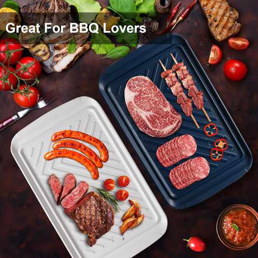 LEHAHA Grilling Prep and Serve Trays, Melamine BBQ Tray for Raw and Cooked Food, Food Serving Platter and plate for Outdoor Party,Large Melamine Serving Platter, Set of 2, 17.2 x 10.5'',Blue and White