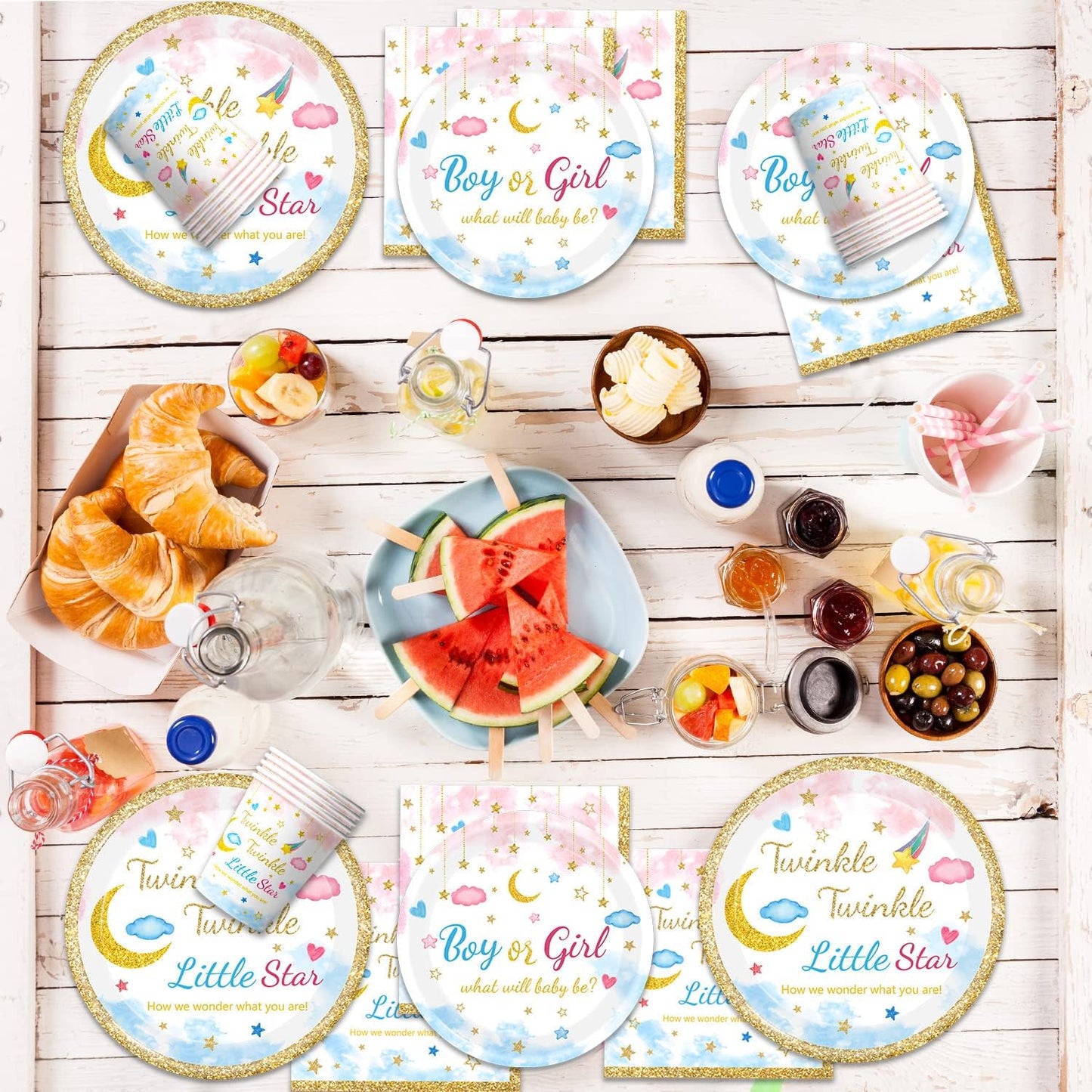 96Pcs Twinkle Twinkle Little Star Gender Reveal Party Supplies Tableware Set little Star Baby Shower Plates Napkins Forks Dinnerware for Baby Shower Decorations Girls or Boys Theme Party, 24 Guests