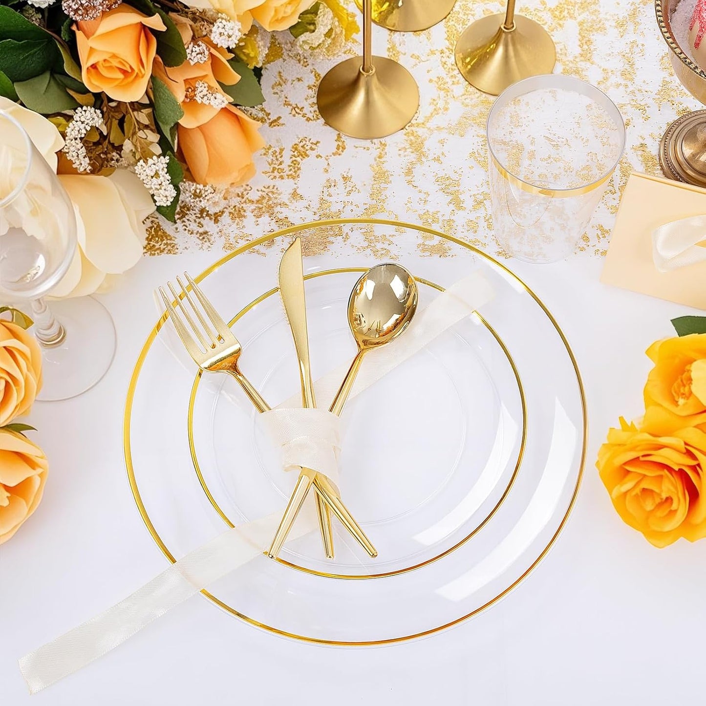 EI 180pcs Gold Plastic Plates,Clear Plates with Gold Trim,Plastic Plate for Party,Clear Dinnerware Set Silverware Cups for Baby Shower,Wedding