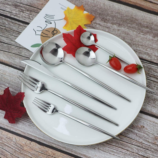 JASHII 24 Pieces Cutlery Flatware Set 304 Stainless Steel Home Kitchen Set, Mirror Polished, Knife/Fork/Spoon, Modern Elegant Tableware Set for Party, Christmas, Dinner (Silver)