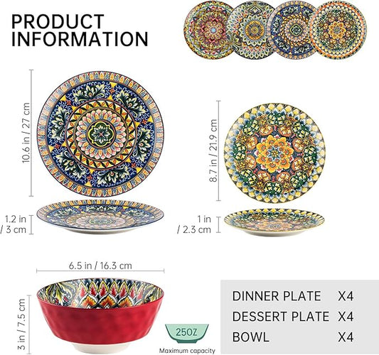 Henten Home Ceramic 12 Pieces Dinnerware Sets, Bohemia Dinner Plates, Soup Bowls, Porcelain Dinnerware Set for 4, Microwave & Dishwasher Safe, Scratch Resistant