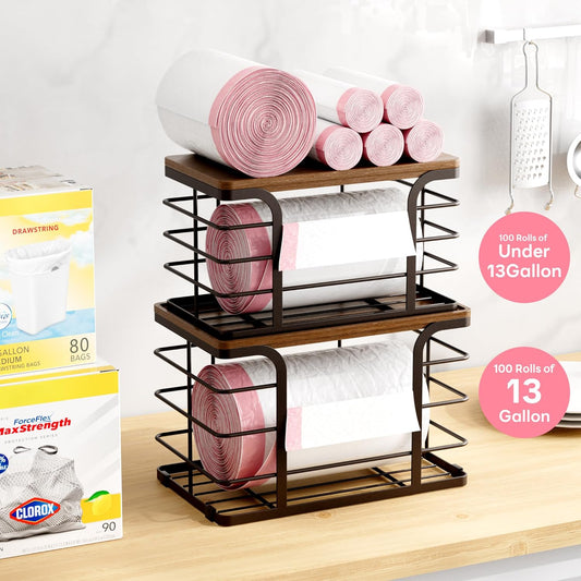 2 Pack Storage Stackable Kitchen Laundry Pantry Organizers,Wall Mount Trash Bag Holder Dispenser with Bamboo Top Countertop Organizer,Brown