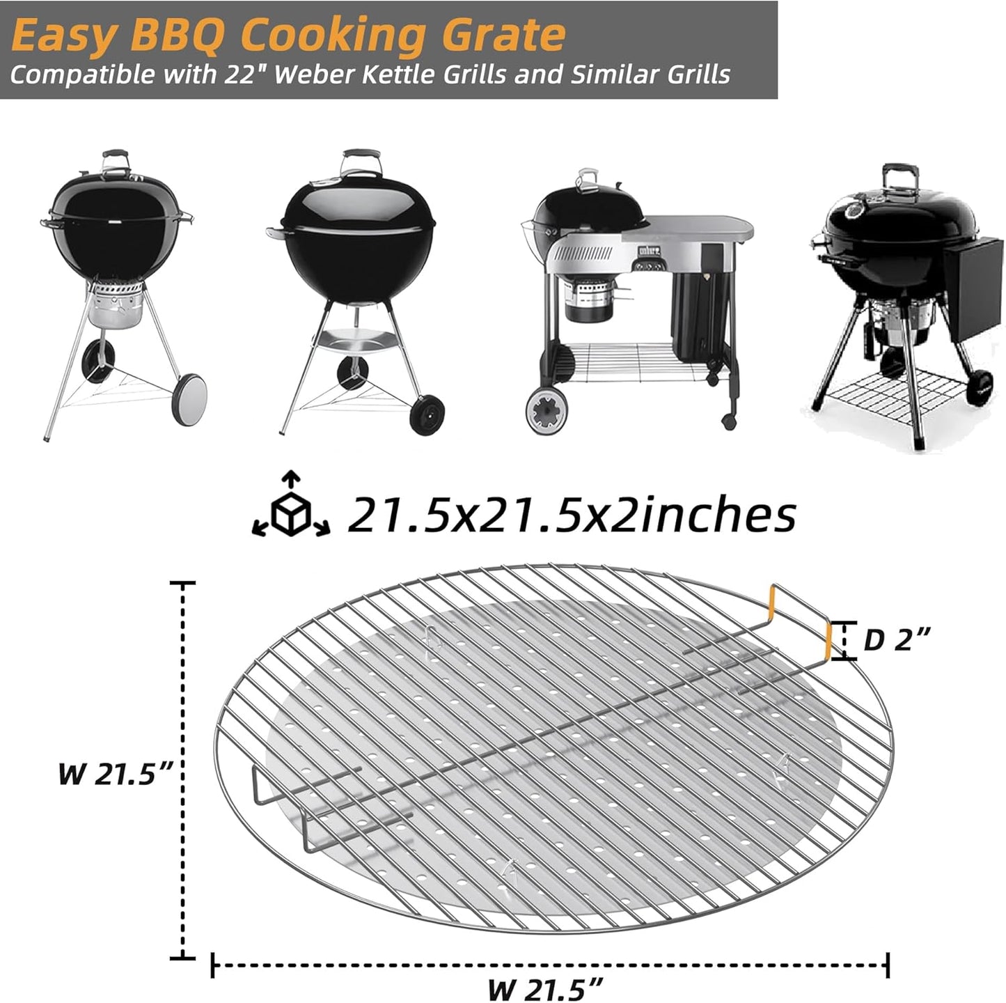 Grill Grate Replacement 22" Stainless Steel for Beginners - BBQ Grill Grate Compatible with Weber Kettle 22" Charcoal Grills & Similar Grills, No-Fire Monitoring Grill Accessory