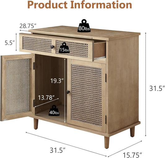 Sideboard Buffet Cabinet, Rattan Storage Cabinet with 2 Doors and Removable Shelf, Farmhouse Decor with Drawers for Living Room, Entryway, Hallway, Kitchen, Dining Room