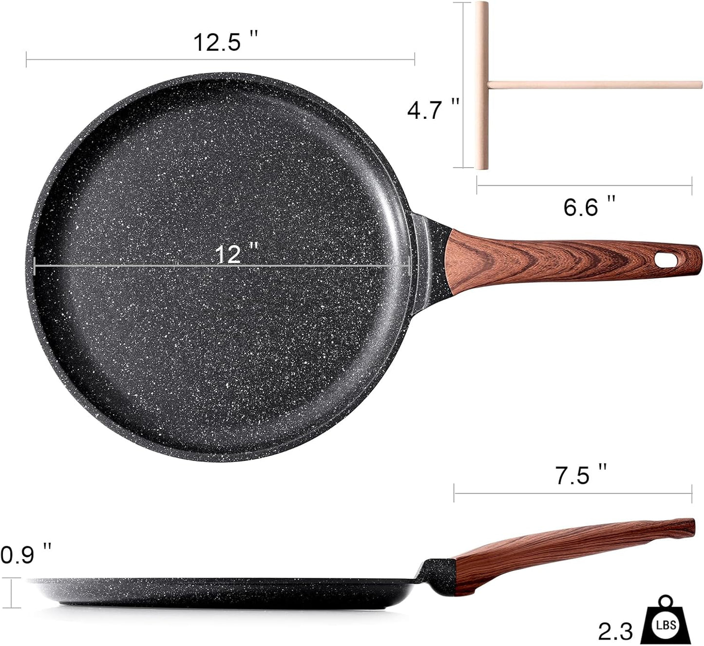 Kordisen Crepe Pan Nonstick, 12 Inch Dosa Pan with Spreader, Granite Coating Comales Para Tortillas Pancake Pan, Flat Bottom for Stove Top, Induction Compatible, PFOA Free