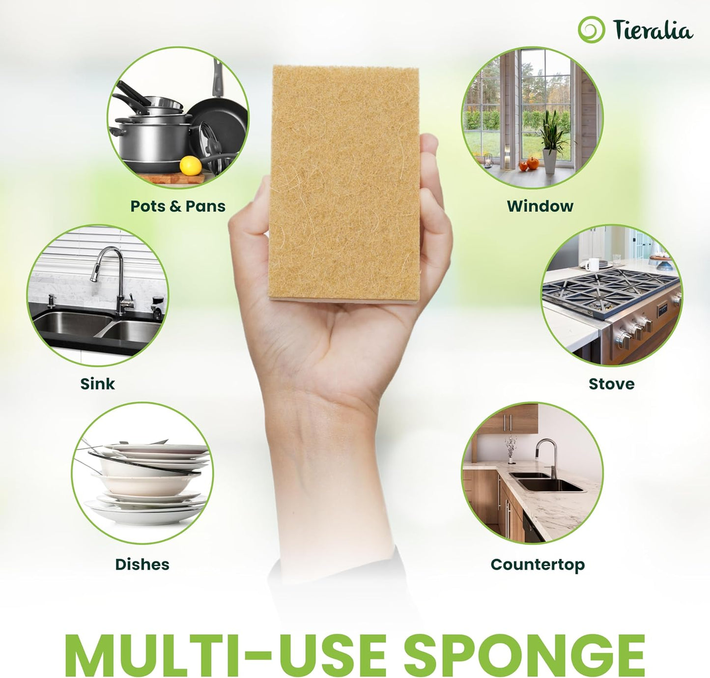 Tieralia Natural Dish Sponge Set – 12-Pack Eco-Friendly & Compostable Scrubbers | Cellulose & Sisal | Non-Toxic, Odor-Free, Reusable Kitchen Sponges for Dishes, Sink, Pots & Pans
