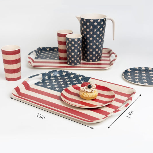 KINGEN 2-Pack Patriotic Bamboo Fiber Serving Trays - 18×13-inch Extra Large w/Handles Tray, Stars & Stripes Platters for 4th of July, Christmas, Birthday, BBQ, Party - Red, White & Blue Decor