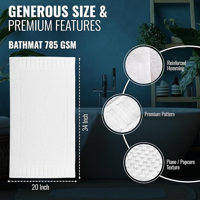 Bulk Hotel Bath Mats – 48 Pack (20x34) Premium White 100% Cotton Bath Mat – 4 Dozen Lightweight, Quick-Dry, Anti-Slip, Machine-Washable Mats for Hotels, Gyms, Spas & Commercial Use