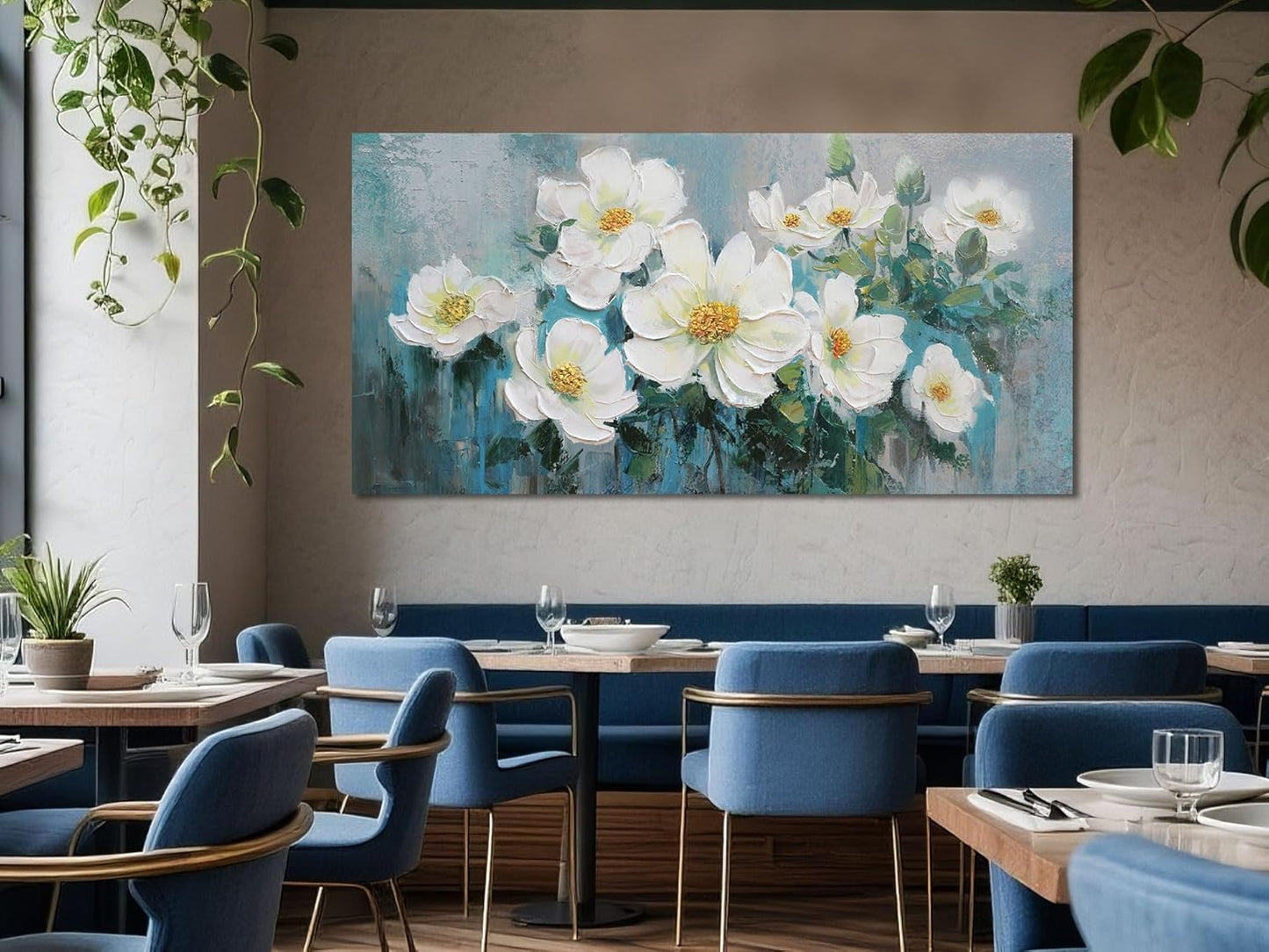 Ardemy White Floral Canvas Wall Art Large Teal Textured Pictures Wall Decor Turquoise Paintings Artwork for Living Room Bedroom Home Office, 48"x24"