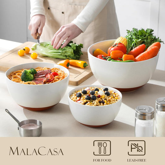 MALACASA Ceramic Mixing Bowls, Large Serving Bowls for Mixing, Cooking, Prepping, Baking, Salad, Soup, Pasta, Nesting Bowls Set of 3, 46/80/140 Oz, Oven, Microwave and Dishwasher Safe, Series TARA