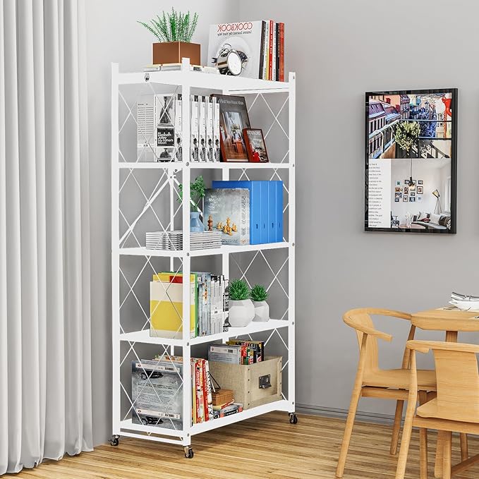 Lifetime Home 5-Tier Foldable Storage Shelf with Wheels - Metal Rack Collapsible Shelving Unit Display, Rolling Cart for Books Kitchen Storage Shelves, Pantry & Closet Organizer, Office Room Decor