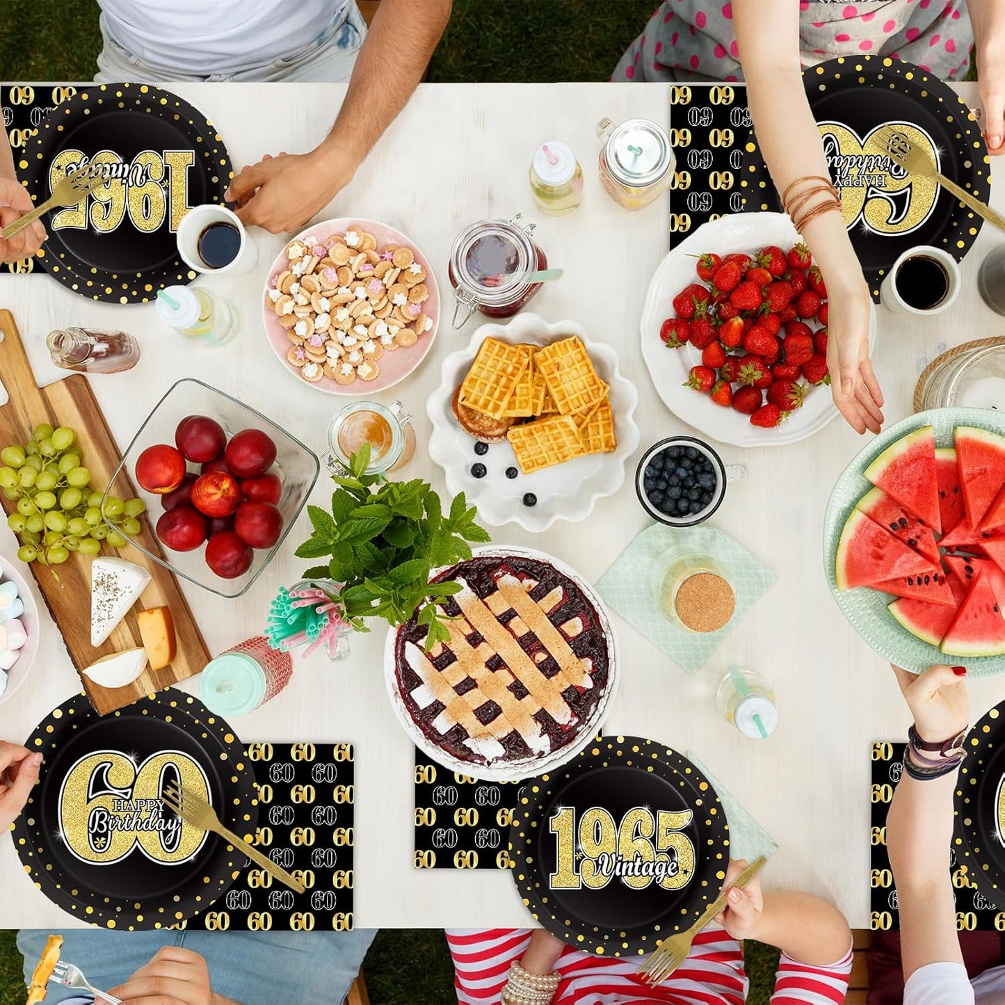 200PCS 60th Theme Birthday Party Tableware Vintage 1965 Party Supplies 60 year old Birthday Party Decorations Plates Napkins Forks Black and Gold Dinnerware Favors for Men or Women