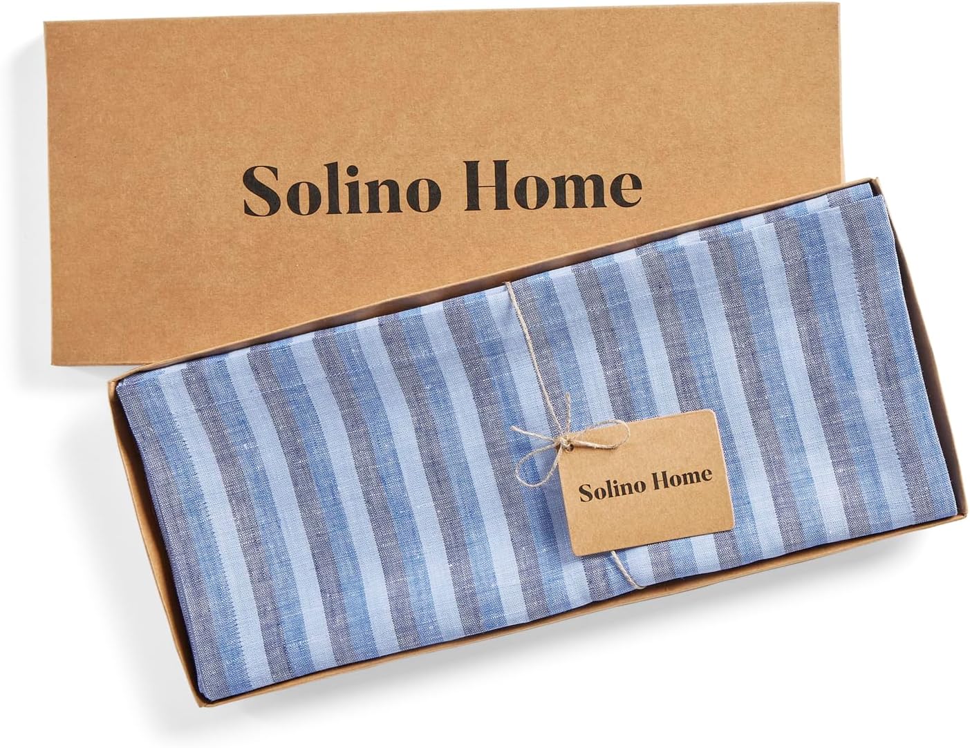 Solino Home Linen Table Runner 36 Inches - Amalfi Stripe 100% Pure Linen Bistro Blue Table Runner 14 x 36 Inch Ideal for Dresser and Coffee Tables