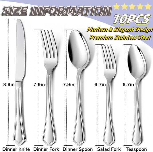 Herogo 10-Piece Silverware Set with Scalloped Edge, Stainless Steel Flatware Cutlery Set for 2, Modern Tableware Eating Utensils Set, Dishwasher Safe, Mirror Polished