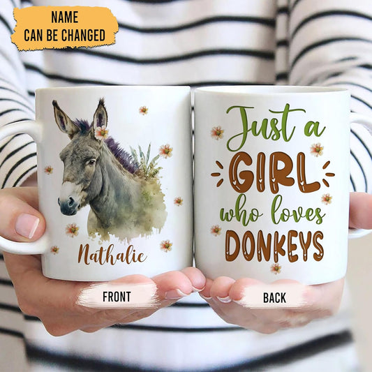 Hyturtle Personalized Gifts Donkey Lover - Just A Girl Who Loves Donkeys Custom Name Ceramic Coffee Mug Cup 11oz - Idea Cute Animal Lover Gifts For Women, Girl Daughter On Birthday, Christmas