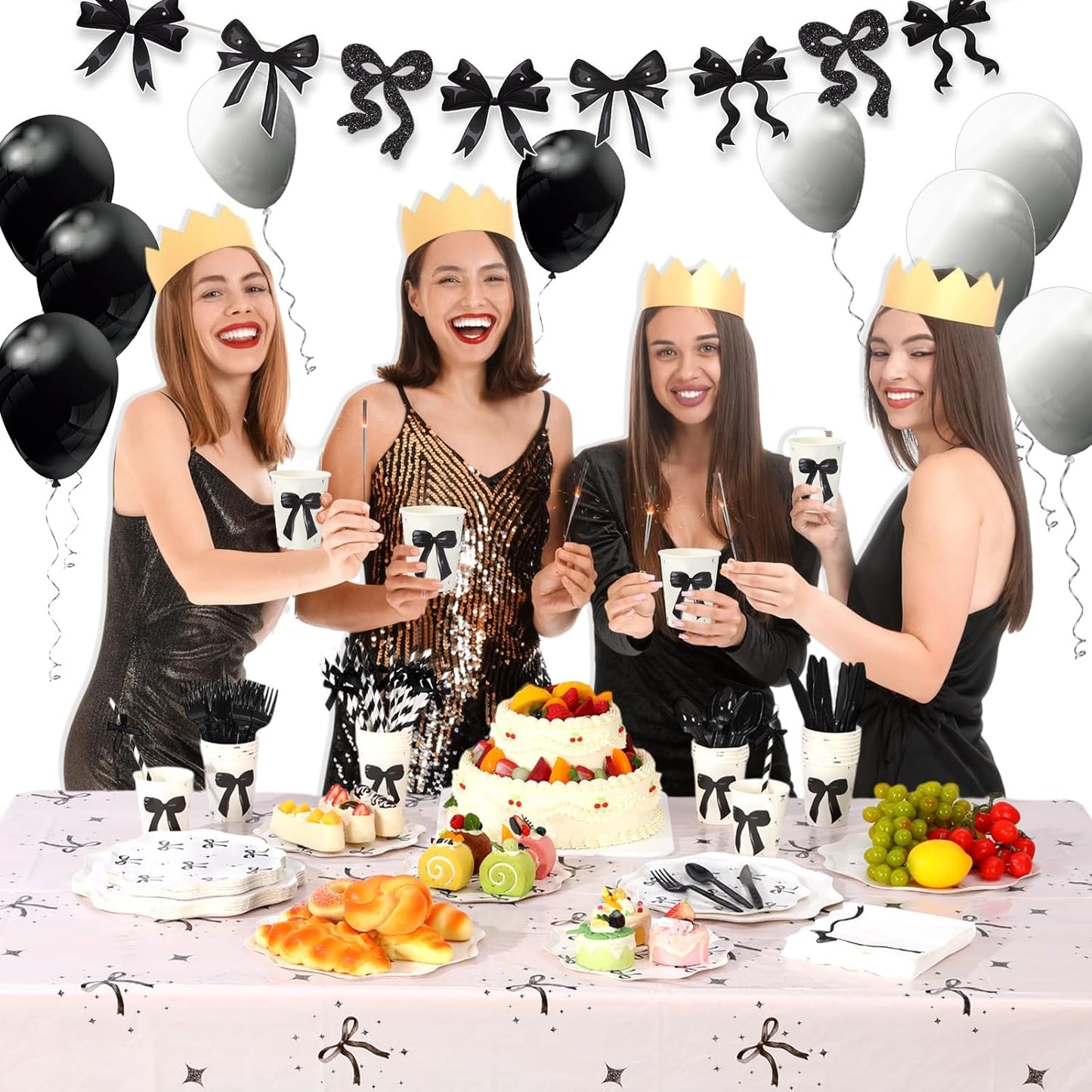 Sawysine 202 Pcs Black Bow Party Supplies Disposable Dinnerware Set 50 Plates 25 Cups 25 Napkins 25 Plastic Forks 25 Knives 25 Spoons 25 Straw Flag Tablecloth to Serve 25 Guests