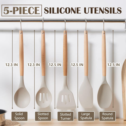 E-far Silicone Cooking Utensils Set, 5-Piece Kitchen Utensils Set with Wooden Handle for Cooking, Silicone Kitchen Nonstick Tools Spatula Turner Slotted Spoons, Nontoxic & Heat Resistant-Khaki