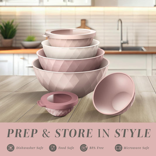 COOK WITH COLOR Mixing Bowls with Lids - 12 Piece Plastic Nesting Bowls Set includes 6 Prep Bowls and 6 Lids, Diamond Design - Microwave Safe, Pink