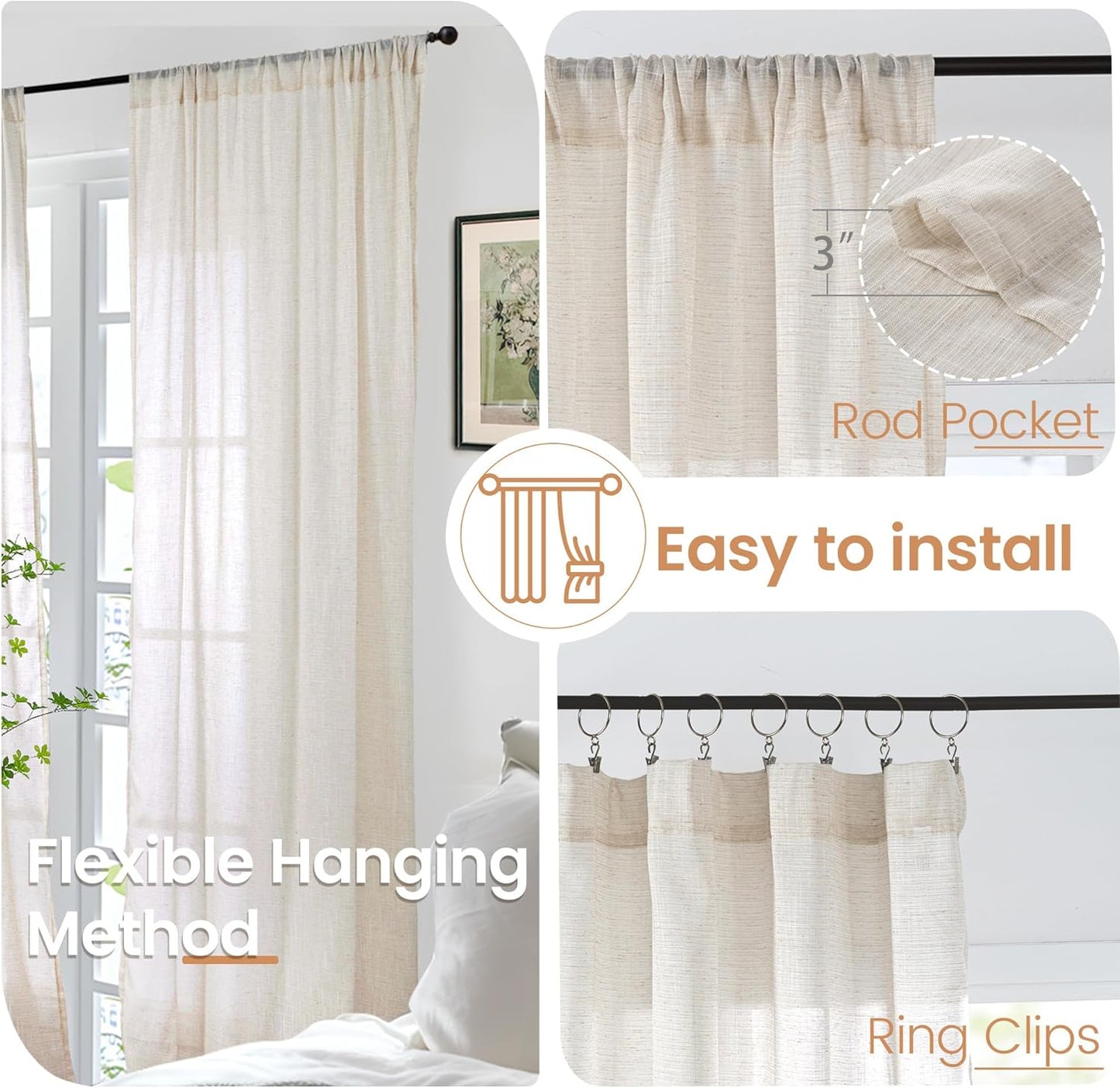 BGment Linen Oatmeal Curtains 45 Inch Length for Short Window - Rod Pocket Textured Drapes Light Filtering Sheer for Bedroom Living Room Lightweight Natural Rustic, 2 Panels Set, 42 X 45 Inch