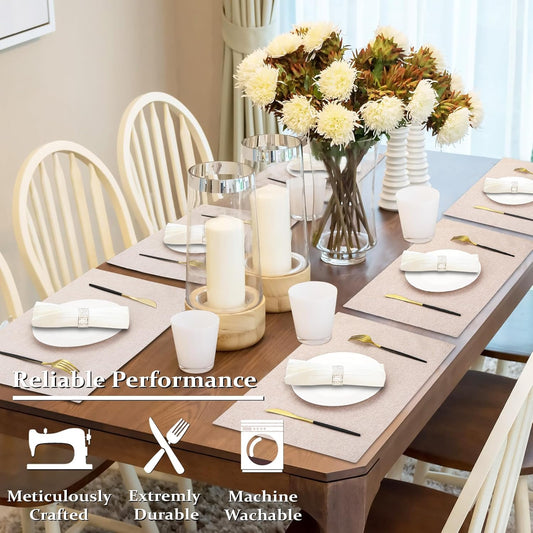 Cloth Placemats Set of 4, Cotton Linen Blend Machine Washable Double Layered Durable Place Mats Heat Resistant Placemats Wrinkle Free Thick Fabric Dining Table Mats (Light Linen, 4)