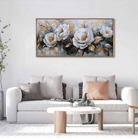 HKDGOKA Large Flowers Canvas Wall Art - Textured Petals Painting Golden Stamens Leaves Abstract Pictures Wall Decor Modern Gallery Floral Artwork for Living room Office Bedroom Home Decorations 20x40