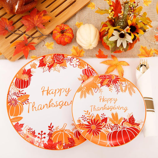 DaYammi 210Pcs Thanksgiving Plastic Plates,Orange and Red Disposable Dinnerware Set Includes 60 Dinner plates,30 Gold Plastic Silverware,30 Per Rolled Napkins,30 plastic Cups for Thanksgiving Party