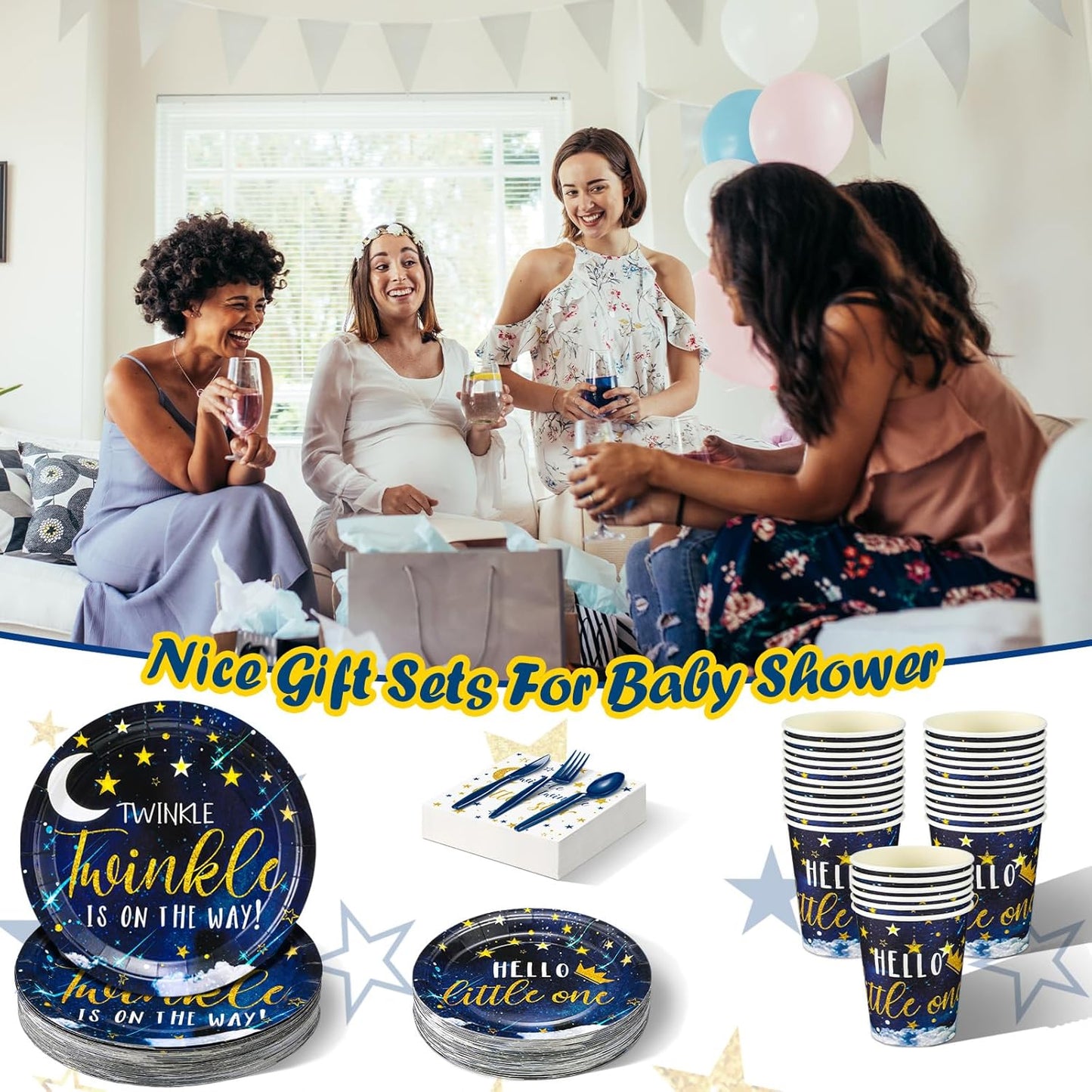 Dandat 350 Pcs Baby Shower Plates Set Baby Shower Party Supplies Serves 50 Tableware Sets Include Plates Napkin Cup Forks Knives Spoons Disposable Dinnerware(Twinkle Twinkle Little Star,Navy blue)