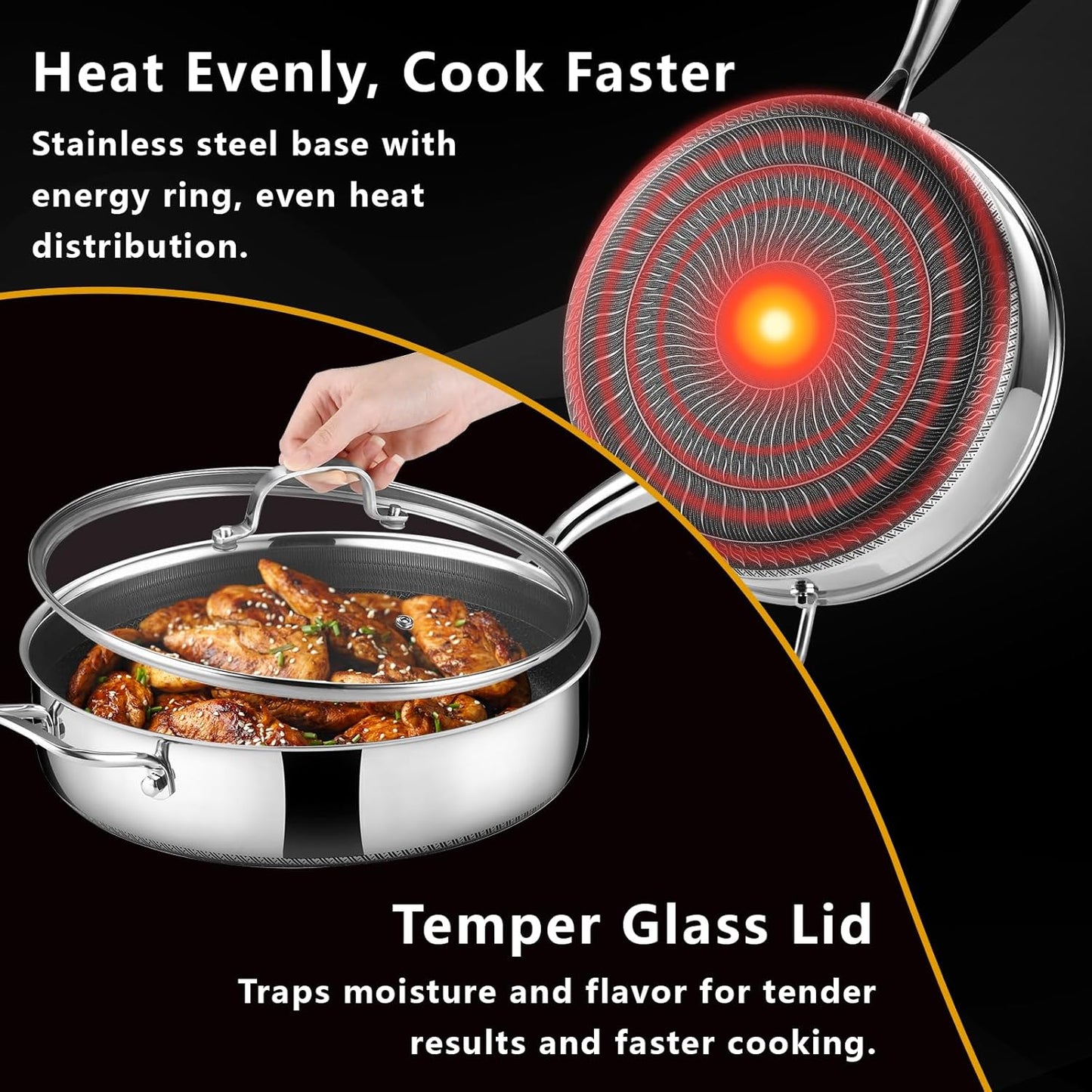 12 Inch Frying Pan Nonstick with Lid, 5.6QT Hybrid Ceramic Deep Saute Pan & Skillet, Tri-Ply Stainless Steel for Even Heat, PFOA/PFOS Free, Induction & Oven Safe