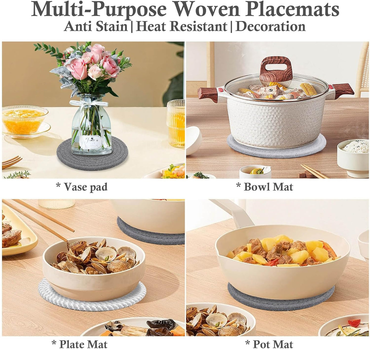 Billbotk 7" Trivets for Dishes, Pots and Pans, 4 Heat Resistant Hot Pads, Pot Holders for Kitchen, Plate Mats for Countertops, Table, Home Essentials, Farmhouse Decor