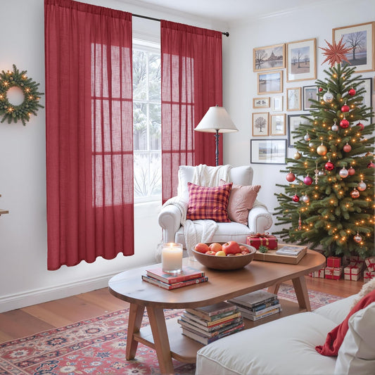 BGment Burgundy Linen Curtains 72 Inches Long for Living Room, Window Drapes Semi Sheer Textured for Farmhouse Bedroom Dining Christmas Decor with Rod Pocket Lightweight, 2 Panels, Each 52 Inch Wide