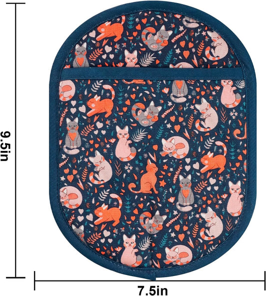 Pot Holders Set of 2 with Transparent Clear Silicone Shell and Nice Cat Flower Cotton Lining, Heat Resistant to 500 F Kitchen Oven Gloves Pot Holder for Cooking (Navy, Cat, Potholders)
