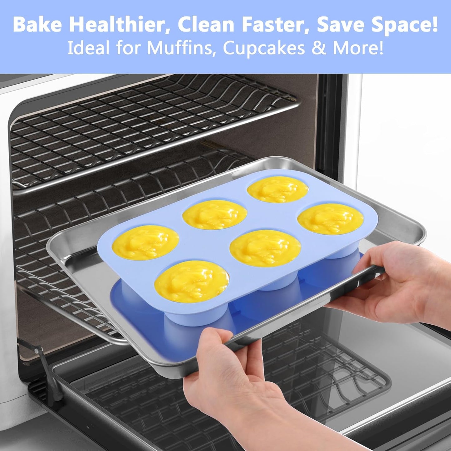 3-Pack 6-Cup Silicone Muffin Pans, Nonstick Cupcake Baking Molds, Muffin Cupcake Pans Molds for Baking, BPA/PFA-Free, Dishwasher & Oven Safe - Blue
