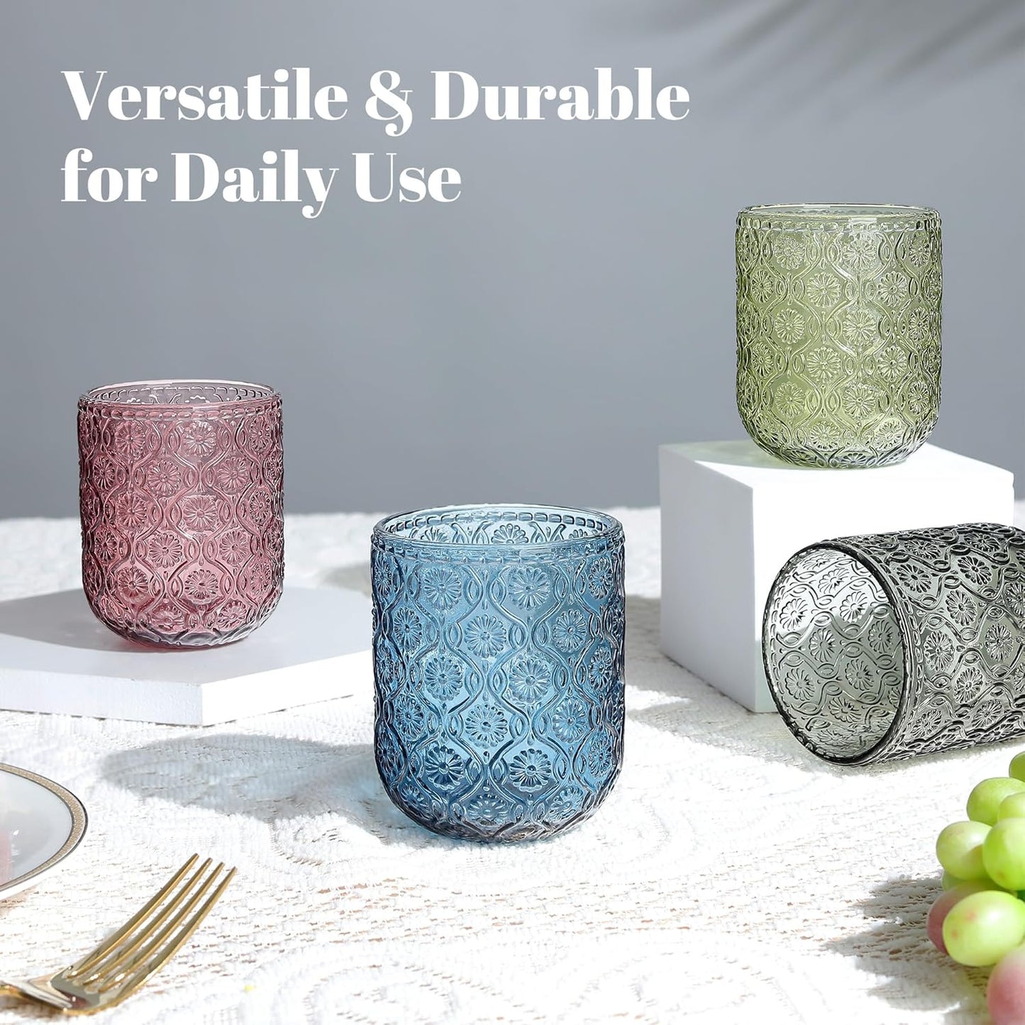 Joeyan Small Drinking Glasses,Vintage Embossed Floral Water Glass Tumbler Cups,Colored Beverages Cocktail Juice Wine Glassware,Multicolor,9 oz,Set of 4,Dishwasher Safe