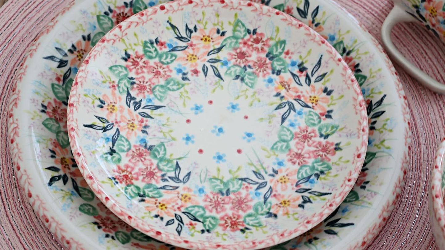 Blue Rose Polish Pottery - Pink Fairy Meadow Dessert Plate - 7.5" Diameter - Beautiful Plate for Cake, Appetizers, or Snacks