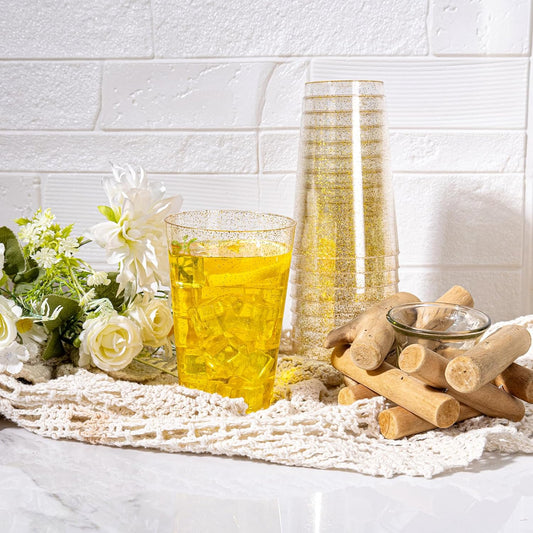 I00000 50 Pack 14 oz Gold Plastic Cups, Disposable Tumblers Gold Glitter Plastic Cups, Disposable Wine Glasses Cocktail Glasses Perfect for Wedding, Mother's Day, Thanksgiving, Christmas Parties