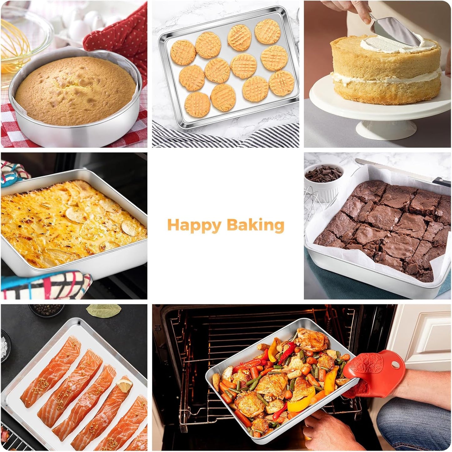 E-far Stainless Steel Baking Pan Set, 6-Piece Metal Bakeware Sets Include Cookie Sheet, Round Square Rectangle Cake Pans, Non-toxic & Dishwasher Safe