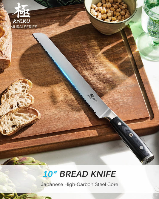 KYOKU 10" Serrated Bread Knife, Samurai Series Serrated Knife for Homemade Bread Pastries with Pakkawood Handle, Japanese High Carbon Steel Cake Knife, Full Tang Bread Cutting Knife with Sheath & Case