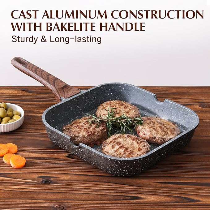 SENSARTE Nonstick Grill Pan for Stove Tops, Versatile Griddle Pan with Pour Spouts, Square Grill Pan for Big Cooking Surface, Durable Grill Skillet for Indoor & Outdoor Grilling. PFOA Free, 11 Inch