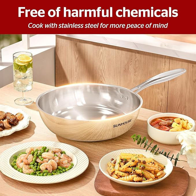 SUNHOUSE – 9.5 Inch / 24 cm Stainless Steel Frying Pan, Tri-Ply Stainless Steel Construction, PFOA-FREE, Stay-Cool Handle, Induction Compatible with All Cooktops, Dishwasher Safe