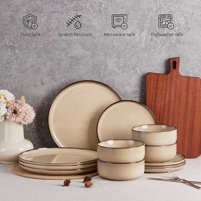 E-far 18-Piece Dinnerware Sets, Stoneware Plates and Bowls Set for 6, Reactive Glaze Dinning Ware Dishes, Microwave & Dishwasher Safe - Sandy Beige