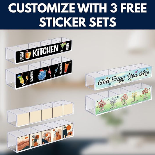 Acrylic Straw Holder for Cabinet Door or Countertop - Clear Organizer & Dispenser with 3 Sets of Decorative Stickers for Reusable Straws, Space-Saving Kitchen Storage, Pantry Organizer