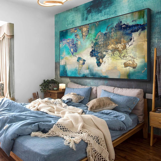 Pogusmavi World Map Canvas Art - Abstract Wall Art for Office & Living Room, Green, 30x60 Black Framed