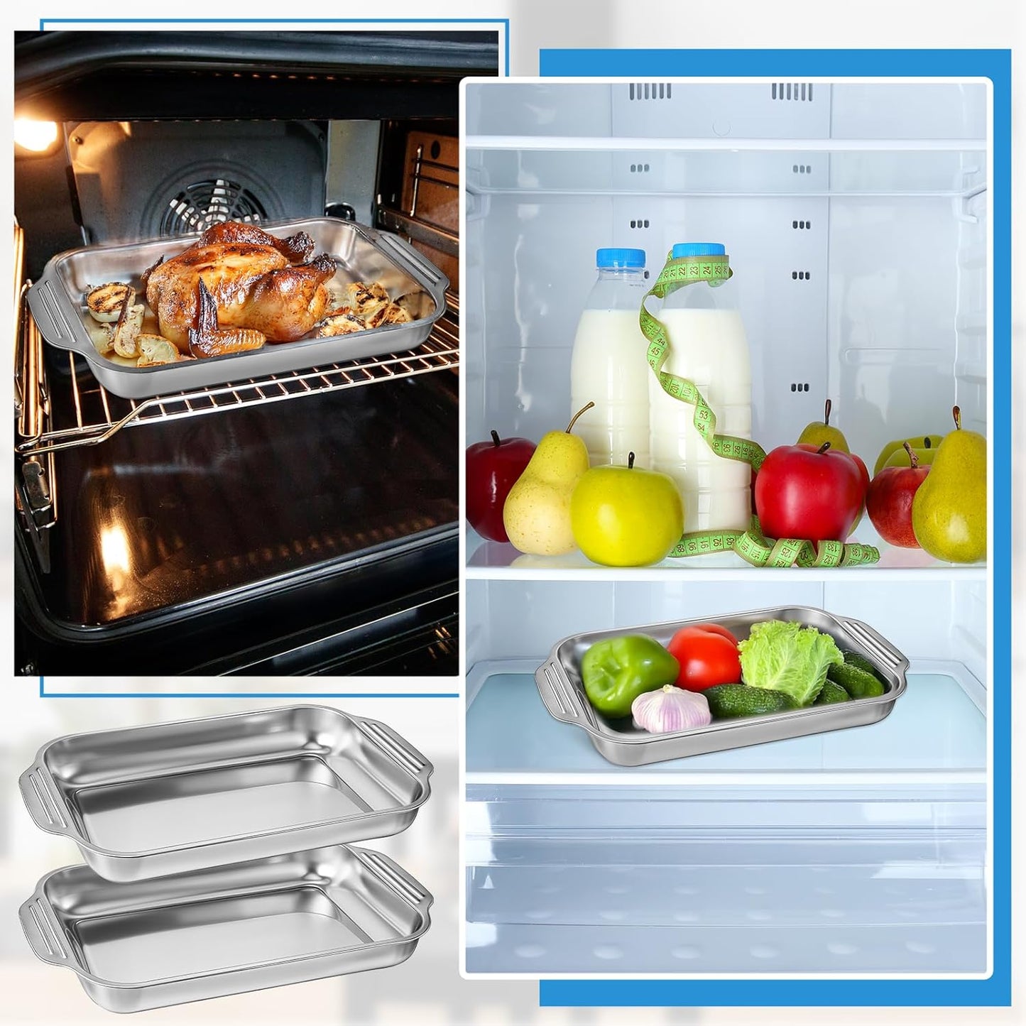 4Pcs Rectangle Cake Pans 9 x 13 Inch Baking Pan Stainless Steel Cake Pan Rectangular Bakeware Baking Tray for Cakes Breads Fish Vegetables Dishwasher Safe