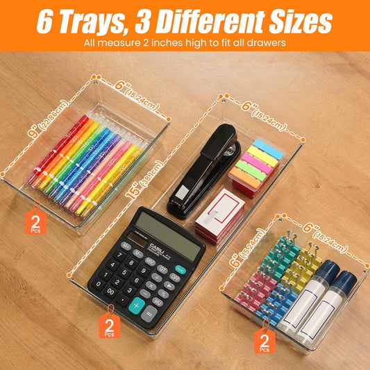 Criusia 6 Pcs Large Size Clear Drawer Organizer Set, Acrylic Non Slip Non Cracking Kitchen Drawer Storage Tray Divider, Multifunctional Storage for Cosmetics, Bathroom, Tools, Kitchen and Office