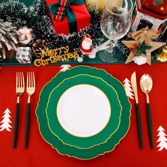 WDF 30Guest Christmas Plates Disposable - Gold Plastic Silverware With Green Handle - Christmas Plastic Plates - Baroque Green &Gold Plastic Dinnerware for Christmas Plates Party