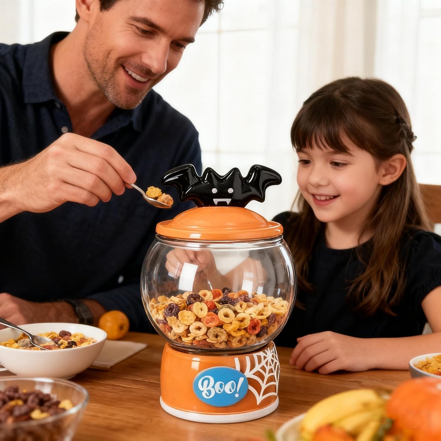 54 oz Halloween Candy Jar & Cookie Jar, Scary Bat Ceramic Lid with Seal, Clear Glass Food Display Jar, Hand-Painted Spider Web Patterned Ceramic Base, Food Jar for Christmas, Kitchen, Rice, Flour