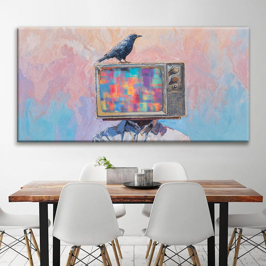 Large Wall Art For Living Room Decor Abstract Crow And Tv Head Art Prints Ready To Hang Room Wall Decor Canvas Wall Art For Office Bedroom Kitchen 29x58 Inch