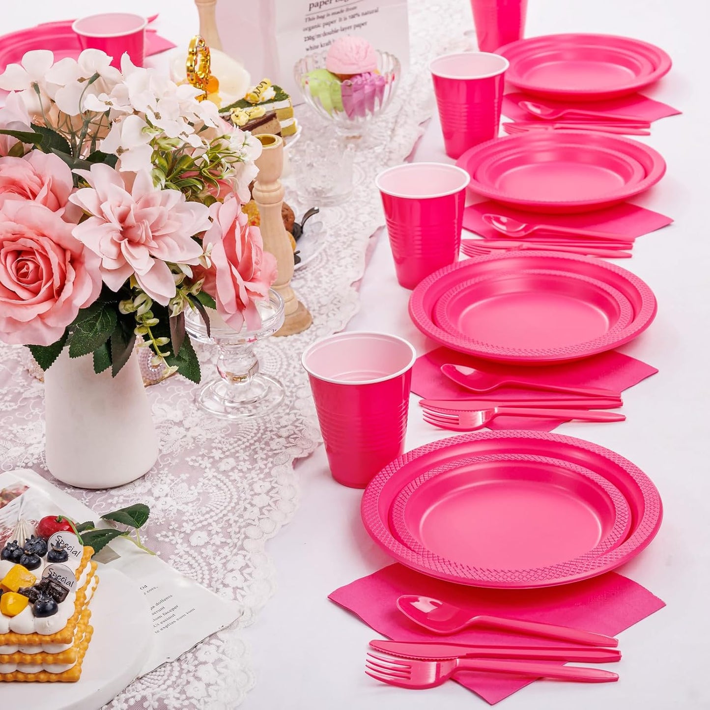 WELLIFE 210Pcs Hot Pink Plastic Plates, Disposable Dinnerware Set, Party Supplies Including Hot Pink plates, 12oz Cups, plastic Cutlery and Napkins Serve 30 Guests, Plastic Plates for Party